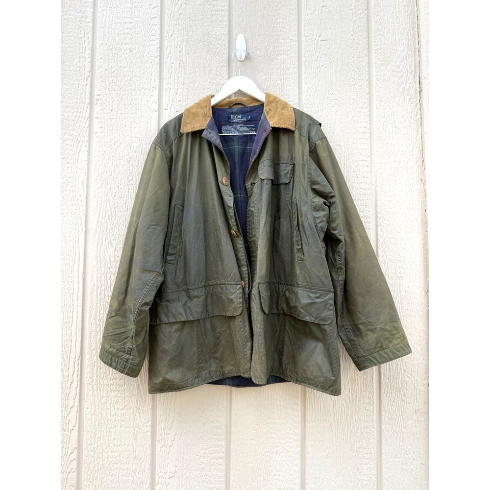Polo Ralph Lauren Vintage Waxed Cotton Field Jacket Olive Corduroy Collar Large